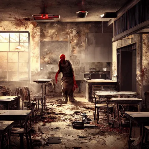 Prompt: kitchen - chef angry rotting zombie, detailled portrait, dilapidated restaurant interior, feeling of grimdark horror, daytime, high contrast, ultra intricate detailed, octane render, unreal engine