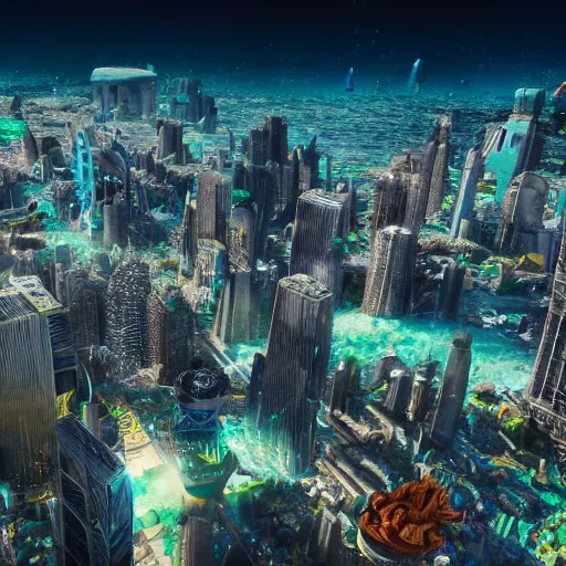 Prompt: professional photo of giant scifi city under bubbles in the sea, ultra detailed, megascan, realistic, photorealistic, wide-angle, 8k