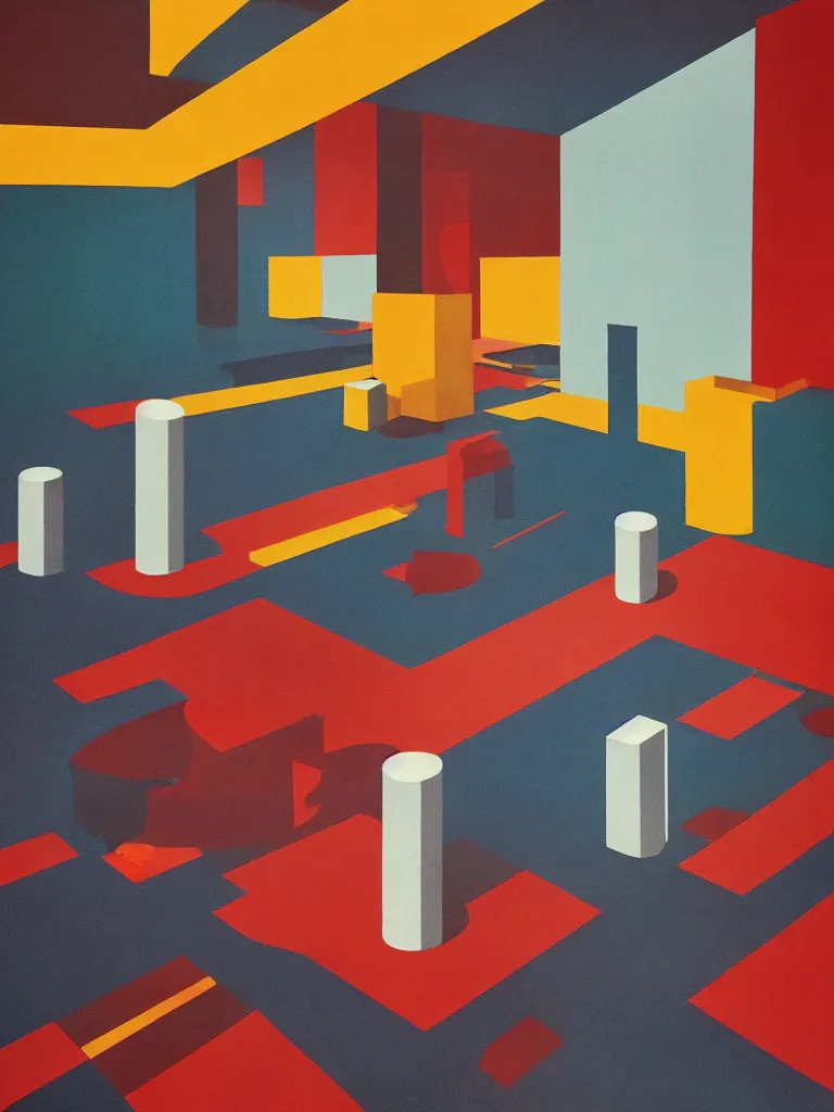 Image similar to colorful minimalist industrial interior bauhaus floors with monolithic pillars in the style of ridley scott and stanley kubrick, impossible stijl architecture, lone silhouette in the distance, ultra wide angle view, cinematic, god rays, volumetric lighting, realistic detailed painting by edward hopper