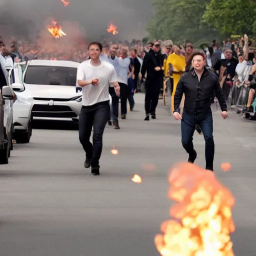 Prompt: Elon Musk being chased by an angry mob with torches and pitchforks