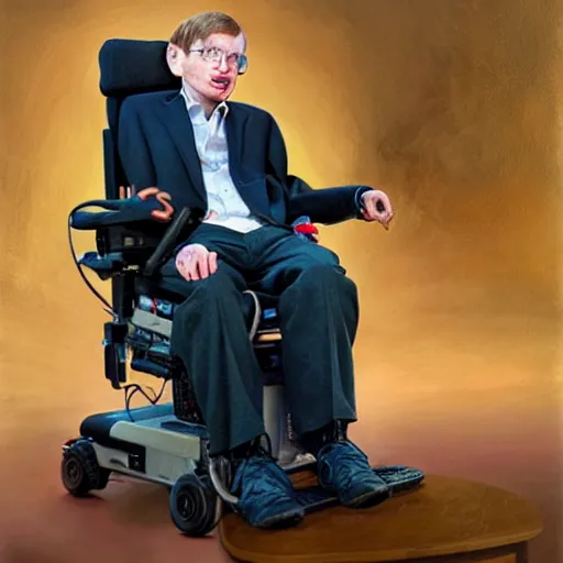 Prompt: An epic fantastic realism ,stephen hawking with a bucket on his head , hyperrealistic, dynamic lighting