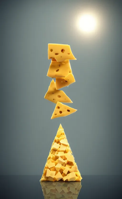 Image similar to A Pyramid made of cheese with a cat's head on top of it, high quality, extremely detailed, atmospheric octane render