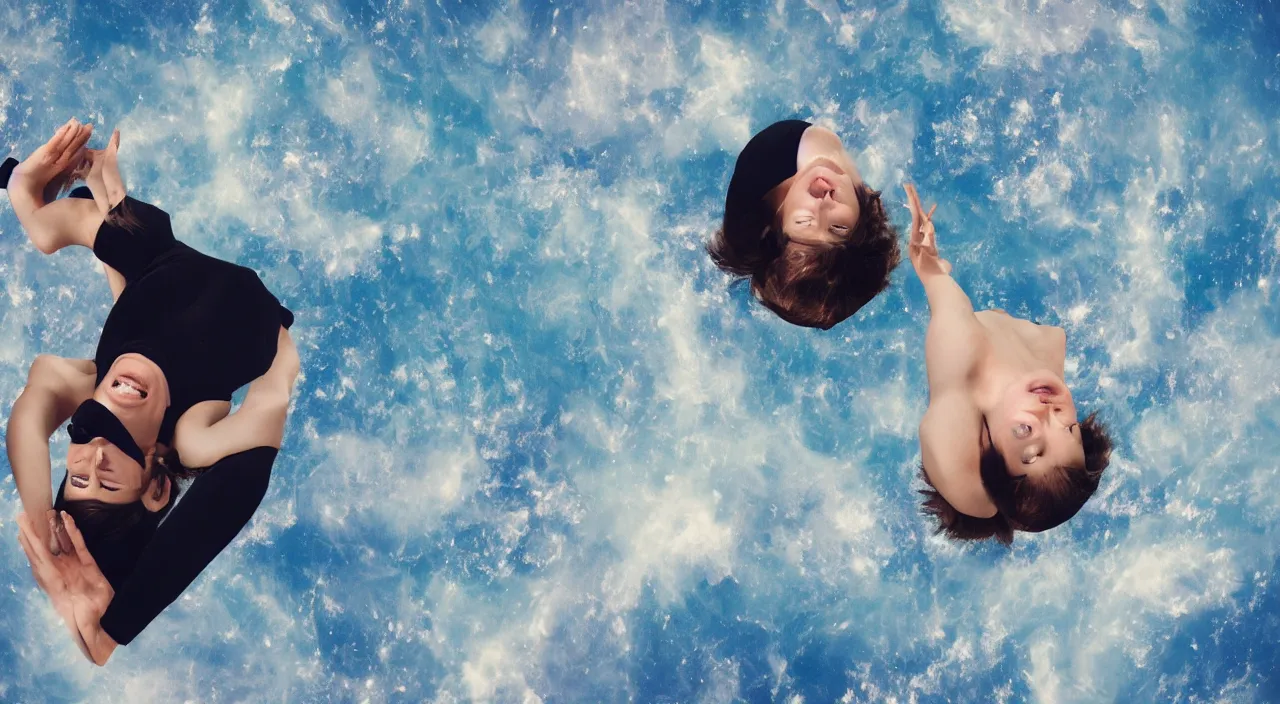 Image similar to one woman looking up while floating in space