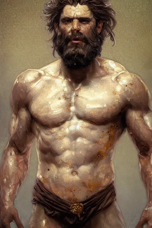 Prompt: painted back portrait of rugged zeus greek god by greg rutkowski, craig mullins art germ alphonse mucha, messy gold body paint over the back and his arms, white hair handsome muscular upper body mature warm tone bulging bubble flowing robe [ ancient greek motifs ] background fantasy intricate elegant detailed digital painting concept art artstation sharp focus illustration