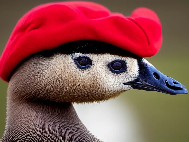 Prompt: Canadian Goose with a funny hat, Portrait Photo, Photorealistic, 100mm lens, out of focus