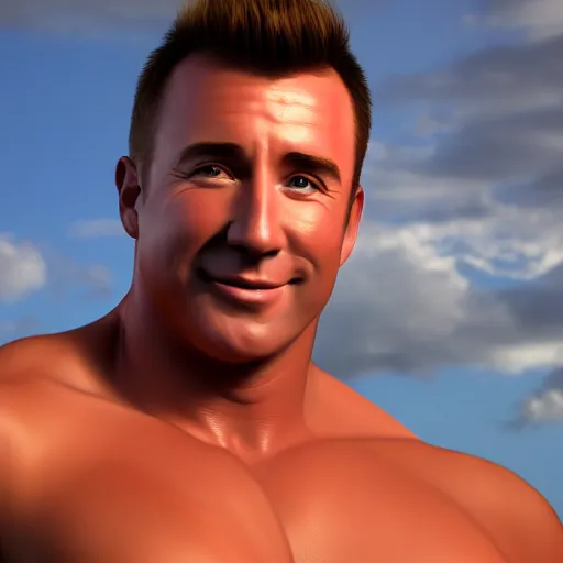 Prompt: concept art of billy herrington from Gachimuchi full round face, short smile, golden hour, medium shot, mid-shot, highly detailed, trending on Artstation, Unreal Engine 4k