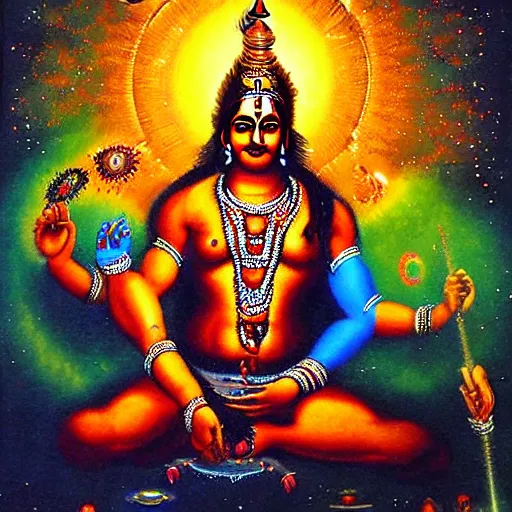 Image similar to Epic wide angle portrait of Shiva generating the universe with his lingan, visionary painting, realistic