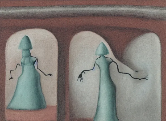 Image similar to imprisoned ancient eldritch female goddess by gertrude abercrombie and leonora carrington, pastel colors