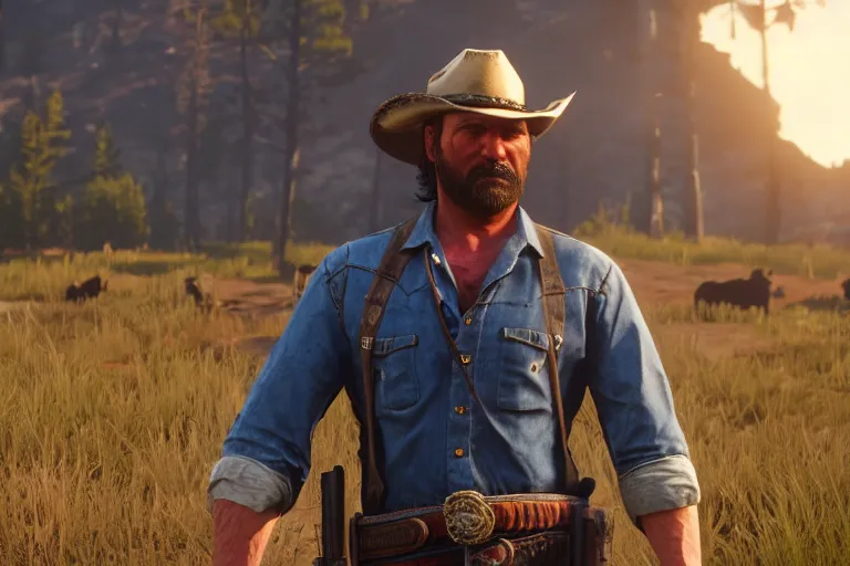 Prompt: film still of the main character brawny burly surly cowboy standing in the outdoor scene in an action movie posing for the camera 2 0 2 0, 4 k wild west red dead redemption 2 game screenshot