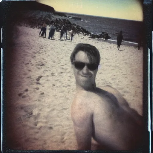 Prompt: tadzio at the beach, polaroid