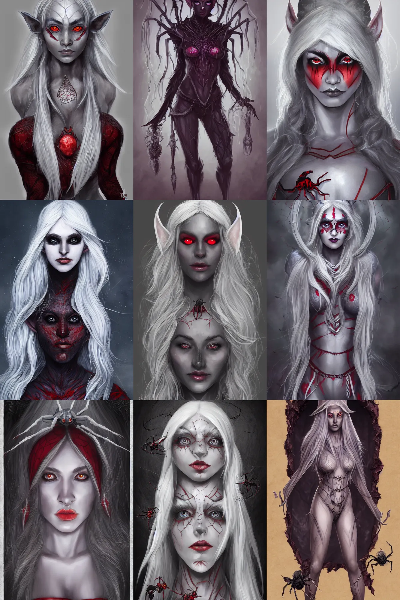 Prompt: full-body portrait of Lloth in beautiful female Drow elf form (dark grey skin, red eyes, white hair, beautiful, symmetrical face, attractive, elf ears, wearing spider webs, Spider Queen) and surrounded by spiders, dark fantasy, trending on ArtStation, 8k, photorealistic, digital art, D&D