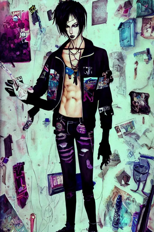 Image similar to a skinny goth guy standing in a cluttered 9 0 s bedroom, full body character concept art, vaporwave colors, digital painting, hd, ultra hd, detailed, award winning, small details, artgerm art, sabas apterus art,