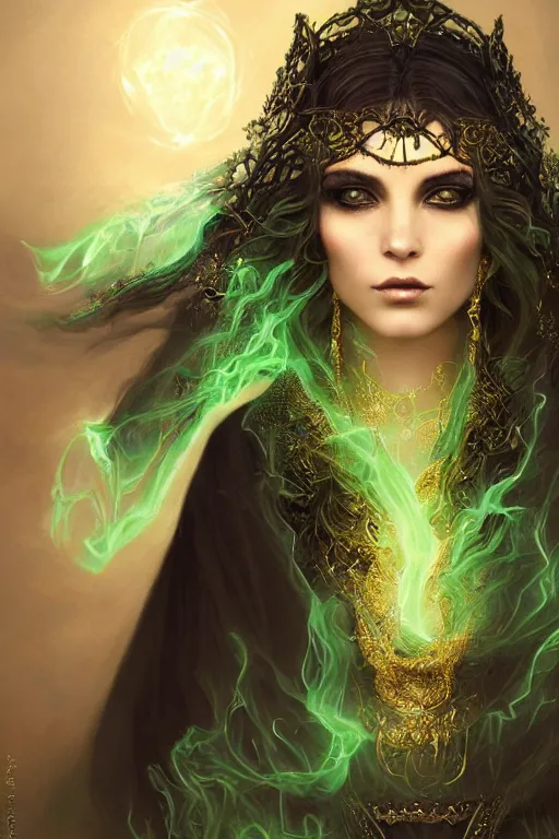 Image similar to a close - up portrait of a hauntingly beautiful sorceress wearing a black robe with gold embroidery, casting a spell, green glows, painted by artgerm and tom bagshaw, highly detailed digital art