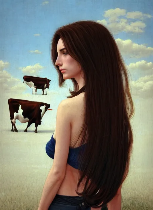 Prompt: photo gorgeous young italian woman, brunette hair, cow looking over shoulder, in the style of stefan kostic, realistic, sharp focus, 8 k high definition, insanely detailed, intricate, elegant, art by david cronenberg and stanley lau and artgerm and yoshitako amano and ryden and kawase hasui, artstation