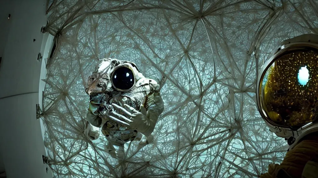 Image similar to a astronaut eva suit covered in diamond 3d fractal lace iridescent bubble 3d skin and covered with insectoid compound eye camera lenses floats through the living room, film still from the movie directed by Denis Villeneuve with art direction by Salvador Dalí, wide lens,