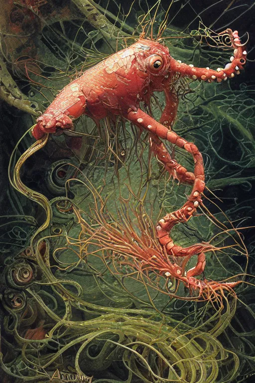 Image similar to skrimp, shrimpman biomechanical axolotl tentacle fish, masterpiece, intricate, elegant, highly detailed, digital painting, smooth, sharp focus, illustration, art by james gurney, graeme base, brian froud, alan lee