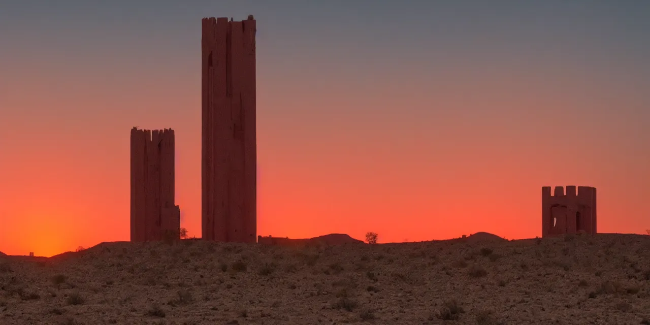 Image similar to sunset on a desert, eldritch tower in the middle distance, green tinged sky with a red sun