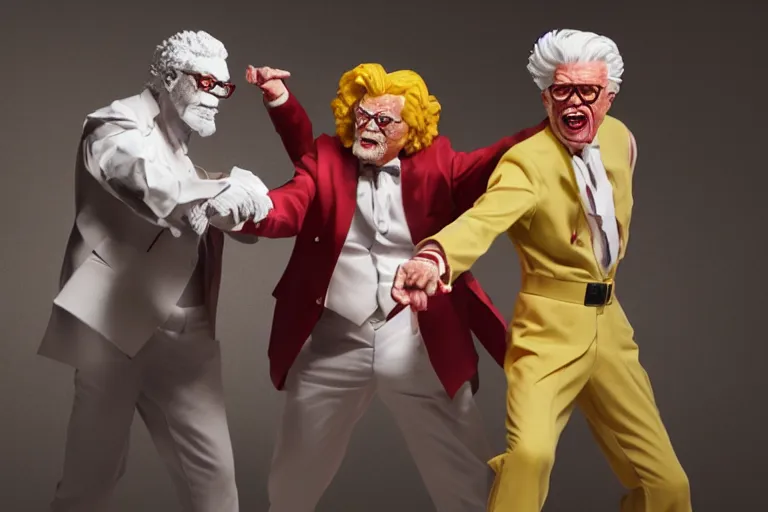 Prompt: ronald macdonald fighting colonel sanders, hyper real, 8 k, octane render, vivid, bright, photo realistic