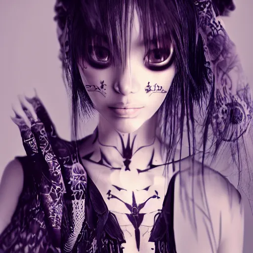 Image similar to japanese gothic model with maximalist hair style and kanji tattoos, dark colors, fashion model, portrait shot, depth of field, 8 k, hyper detailed, intricate, trending on artstation