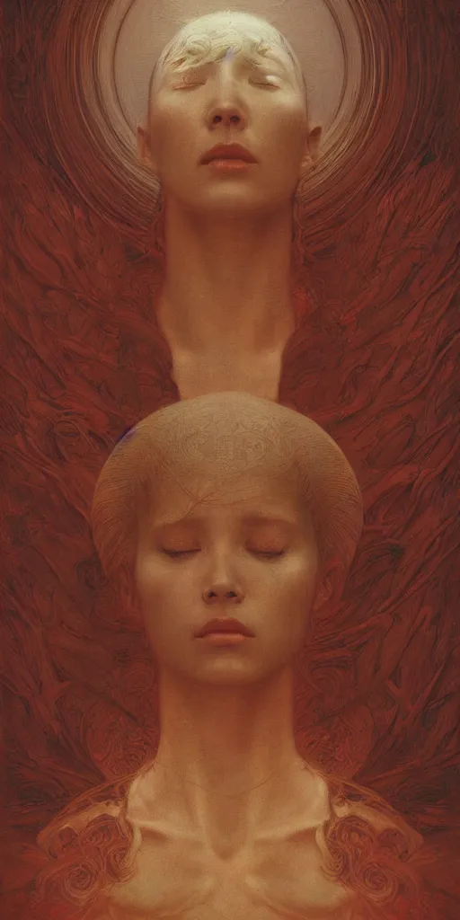Image similar to Woman masterpiece, red, golden halo behind her head, by Edgar Maxence and Ross Tran, Zdzisław Beksiński, and Michael Whelan, distant, gustav dore, H.R. Giger, 8k, octane render
