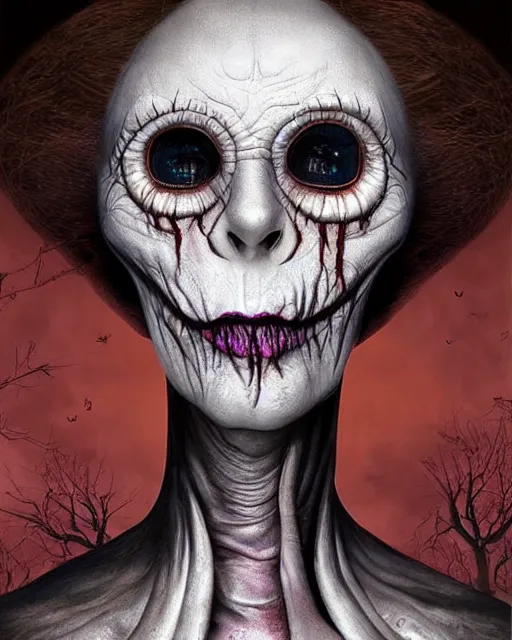 Image similar to halloween hag theme surrealist art in the styles of igor morski, jim warren, and a tim burton film, intricate, hyperrealistic, accurate facial details, profile picture with chromakey!!!!! background, milk - bath effect, volumetric lighting