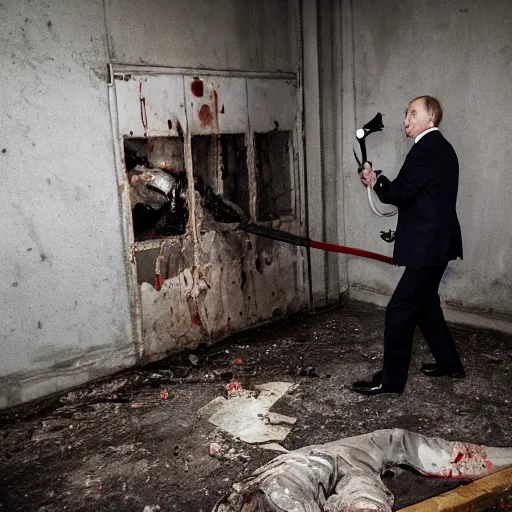 Image similar to putin with a chainsaw and a corpse. in a concrete bunker. focus on putins face with blood splatters. canon eos r 3, f / 1. 4, iso 1 6 0 0, 1 / 8 0 s, 8 k, raw, grainy