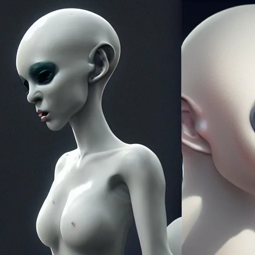 Prompt: cute alien girl, white, bald , futuristic, zbrush, unreal engine, artstation