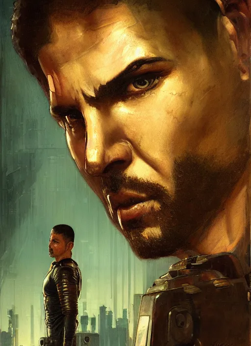 Image similar to Cyberpunk prison guard (blade runner 2049, cyberpunk 2077). Orientalist portrait by john william waterhouse and James Gurney and Theodore Ralli and Nasreddine Dinet, oil on canvas. Cinematic, hyper realism, realistic proportions, dramatic lighting, high detail 4k