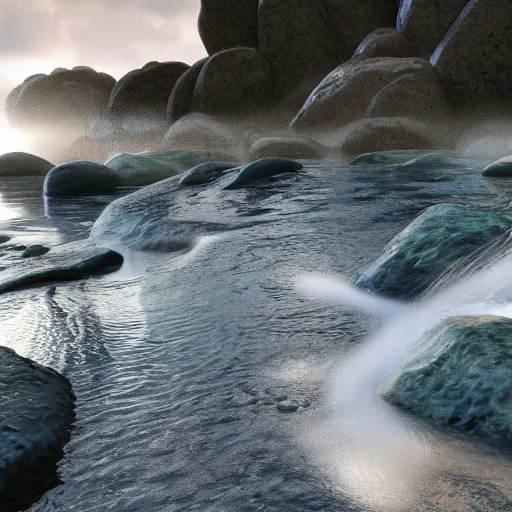 Image similar to water splashing over rocks, volumetric lighting, cinematic, detailed, raytracing, 4K ultra, award winning