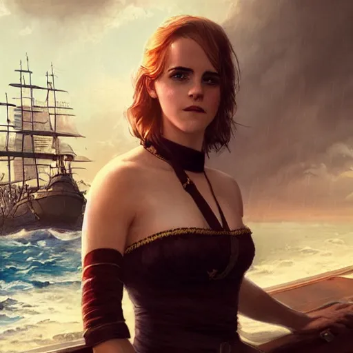 Prompt: sensual emma watson wearing as a captain, looking seductive, pirate ship in background, hyperrealistic, artgerm, greg rutkowski, artstation, highly detailed