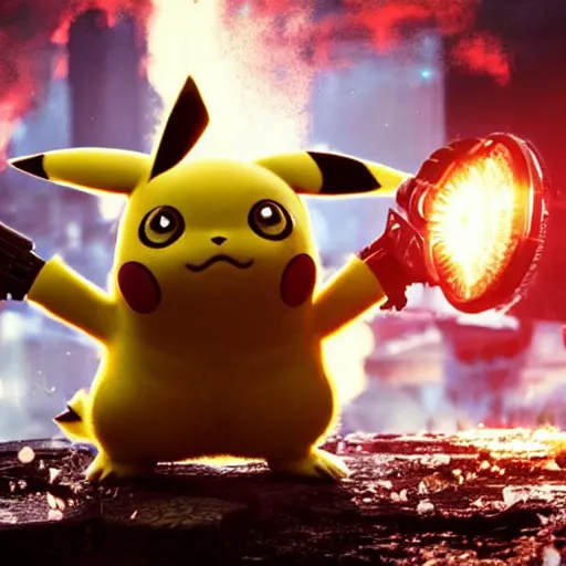 Image similar to Pikachu in Gears of War, splash art, movie still, cinematic lighting, dramatic, octane render, long lens, shallow depth of field, bokeh, anamorphic lens flare, 8k, hyper detailed, 35mm film grain