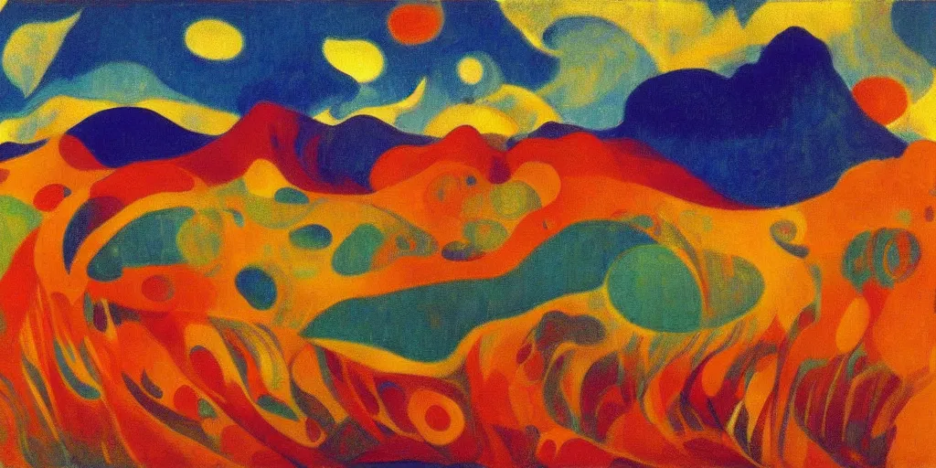 Image similar to An insane, modernist landscape painting. Wild energy patterns rippling in all directions. Curves, organic, zig-zags. Mountains, clouds. Rushing water. Waves. Psychedelic dream world. Odilon Redon. Ernst Kirchner.