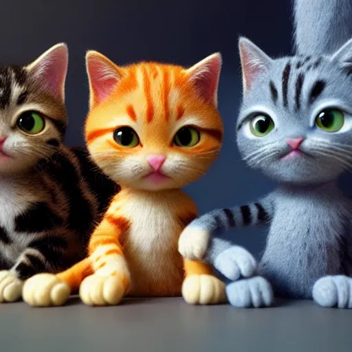 Prompt: miniature closeup of cute kittens playing with yarn, claymation, Pixar animation, visually stunning, 50mm, highly detailed, award-winning, octane render, unreal engine