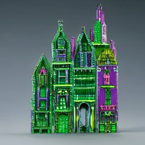 Prompt: emerald glass town, high detailed, tall scycrappers, pink and purple and yellow and green glass,