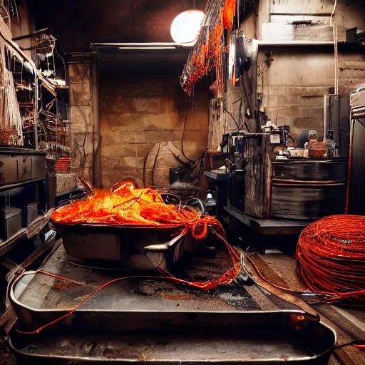 Prompt: red hot frying pan with bacon, tangles of metallic cables, dark messy smoke - filled cluttered workshop, dark, dramatic lighting, orange tint, sparks, plasma charges, cinematic, highly detailed, sci - fi, futuristic, movie still