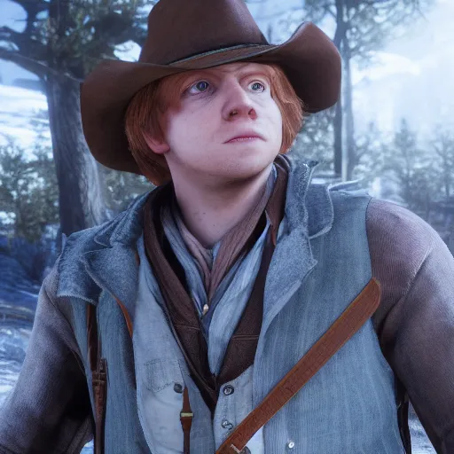 Prompt: Film still of Rupert Grint, from Red Dead Redemption 2 (2018 video game)