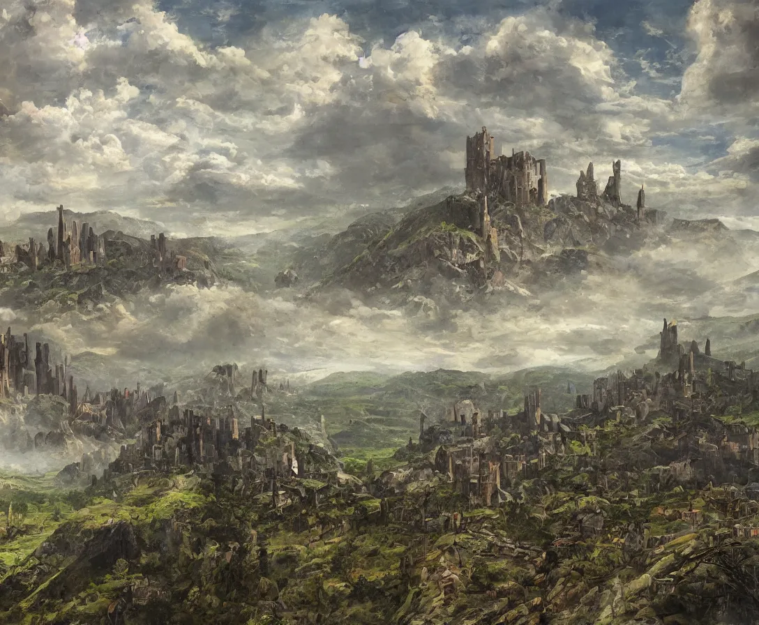 Prompt: A vast empty flat valley surrounded by Transylvanian mountains. A huge metal zeppelin in the sky among colorful clouds. The ruins of a medieval castle on the hillside in the background. No villages or buildings. Late warm evening light in the summer, gloomy weather. High quality, fantasy art by H.R. Giger.