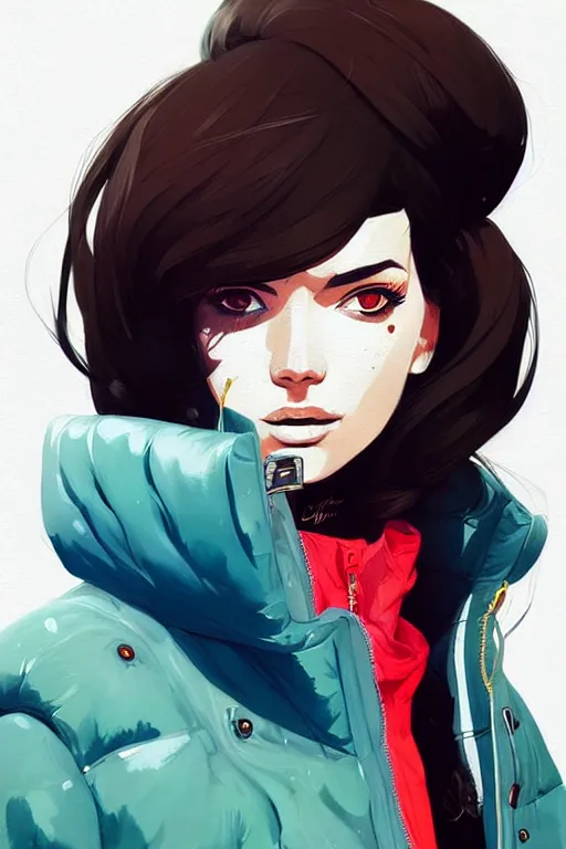 Image similar to a ultradetailed beautiful painting of a stylish woman wearing a puffer jacket, by conrad roset, greg rutkowsk and ilya kuvshinov trending on artstation