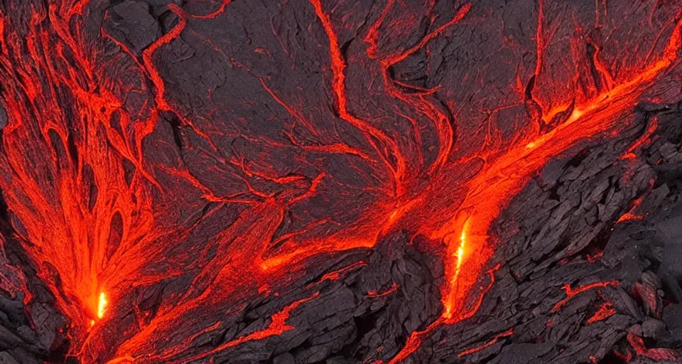 Image similar to a volcano made of ivory vines and crimson rocks enters in eruption, it spits a smoke in the shape of demonic eye, by Steve Argyle