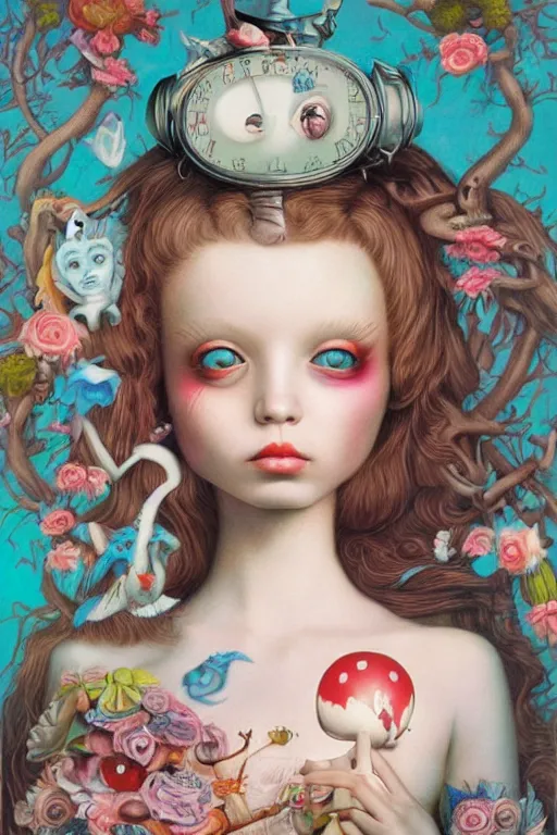 Image similar to pop surrealism, lowbrow art, realistic cute girl painting, alice in wonderland, hyper realism, muted colors, trevor brown, mark ryden style