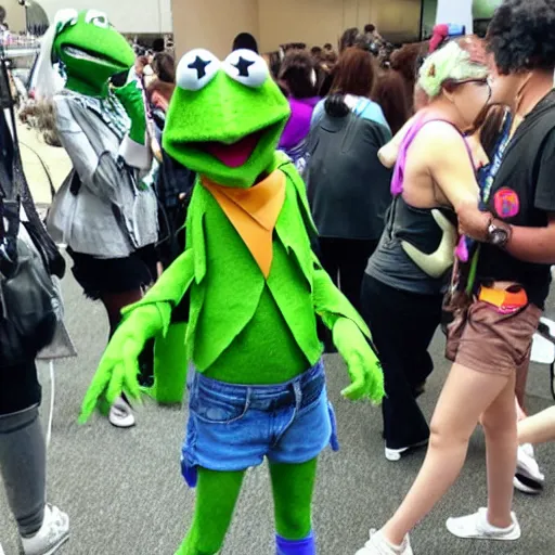 Prompt: kermit the frog cosplayers at a cosplay meet up in a anime convention