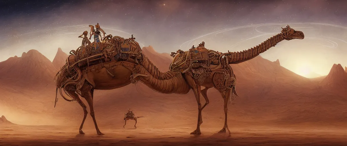 Prompt: a beautiful illustration of a winding wooden structure on the back of a giant alien camel traveling an expansive desert with a ringed planet on the horizon in the style of Rob Lefield and Ralph McQuarrie, Daniel Merriam :.1, trending on artstation, digital art, third person perspective, wide angle, establishing shot