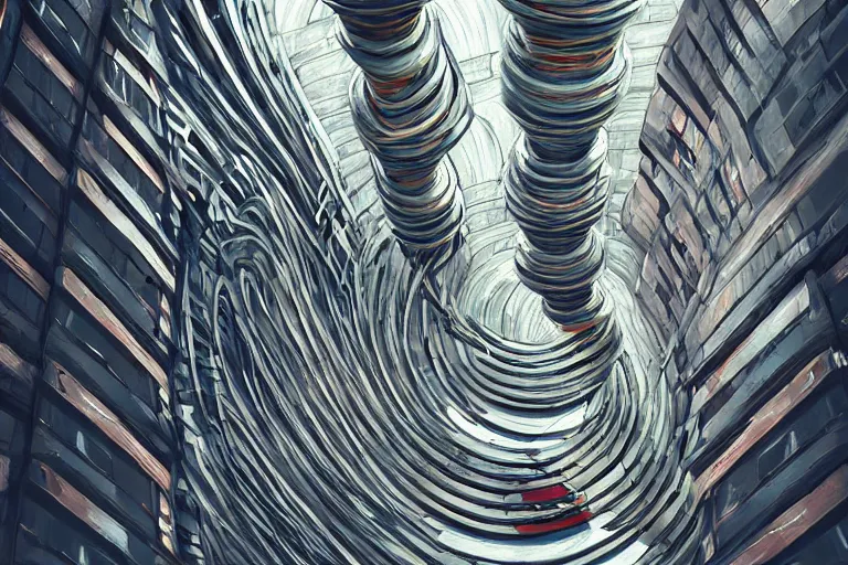 Image similar to urban street twisted into spiral, highly detailed, photorealistic, reflections, smooth, sharp focus, concept art, illustration, beautiful, geometric, trending on artstation, cinematic, featured on behance , artwork by WLOP and Tran, Ross