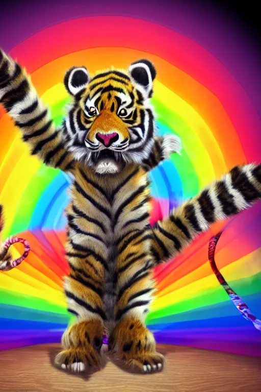 Image similar to Male masculin Furry Tiger as Police ,fullbody, Rainbow Background, 8k Photo Realistic