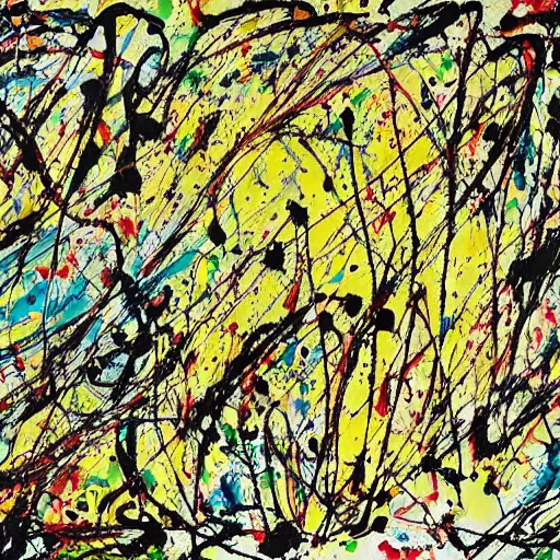 Prompt: jackson pollock drip painting depicting 'hapiness'