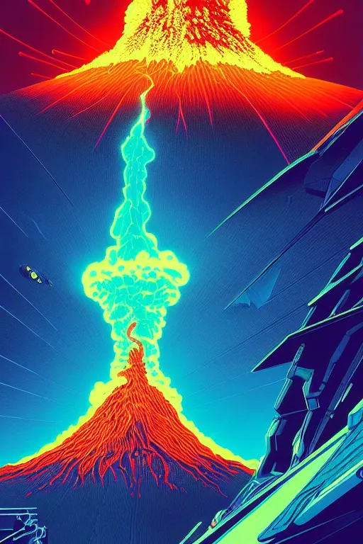 Image similar to artwork by kilian eng and toshi yoshida showing a futuristic powerstation!! in front of a ( ( exploding volcano ) ), vintage scifi, high details, dramatic lightning,, 8 k