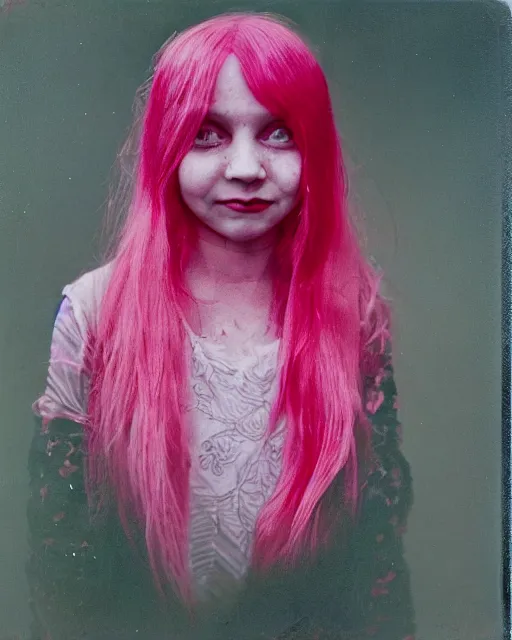 Prompt: an instant photo of a beautiful but sinister, smiling girl in layers of fear, with haunted eyes and pink hair, 1 9 7 0 s, seventies, delicate embellishments, a little blood, crimson, painterly, offset printing technique, mary jane ansell