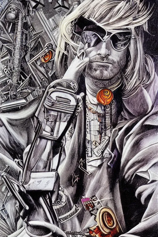 Image similar to Kurt cobain, cyberpunk, retro vintage art, cool, tarot card, 90s, nomad, street style, symmetrical, 2d matte illustration, Stanisław Szukalski + Moebius,