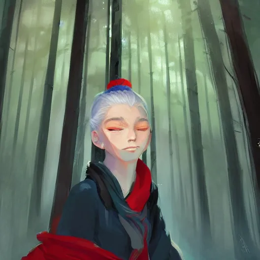 Prompt: girl sorcerer with white hair in a hairbun, wearing a black tshirt, a red scarf, and blue jeans, Sleeping in a forest. digital art, lasso tool, large brushstrokes, photoshop brush, environment concept art, by rossdraws, ghibli, art by greg rutkowski