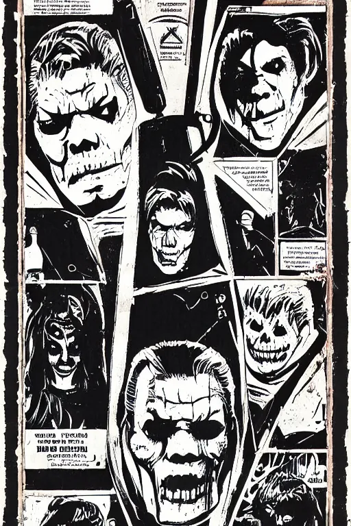 Image similar to 1 9 8 0's tom atkins halloween iii season of the witch, detailed, comic book texture, phonebooth, 4 k symmetrical portrait, ashley wood, mike mignola, trending on artstation, norman saunders